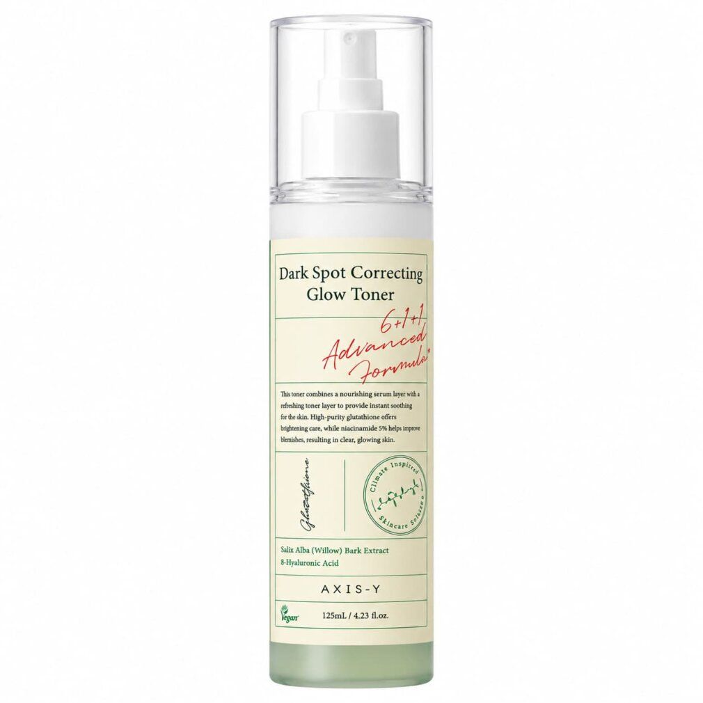 Axis-Y Dark Spot Correcting Glow Toner in einem Pumpspender, von oben betrachtet. 125ml.