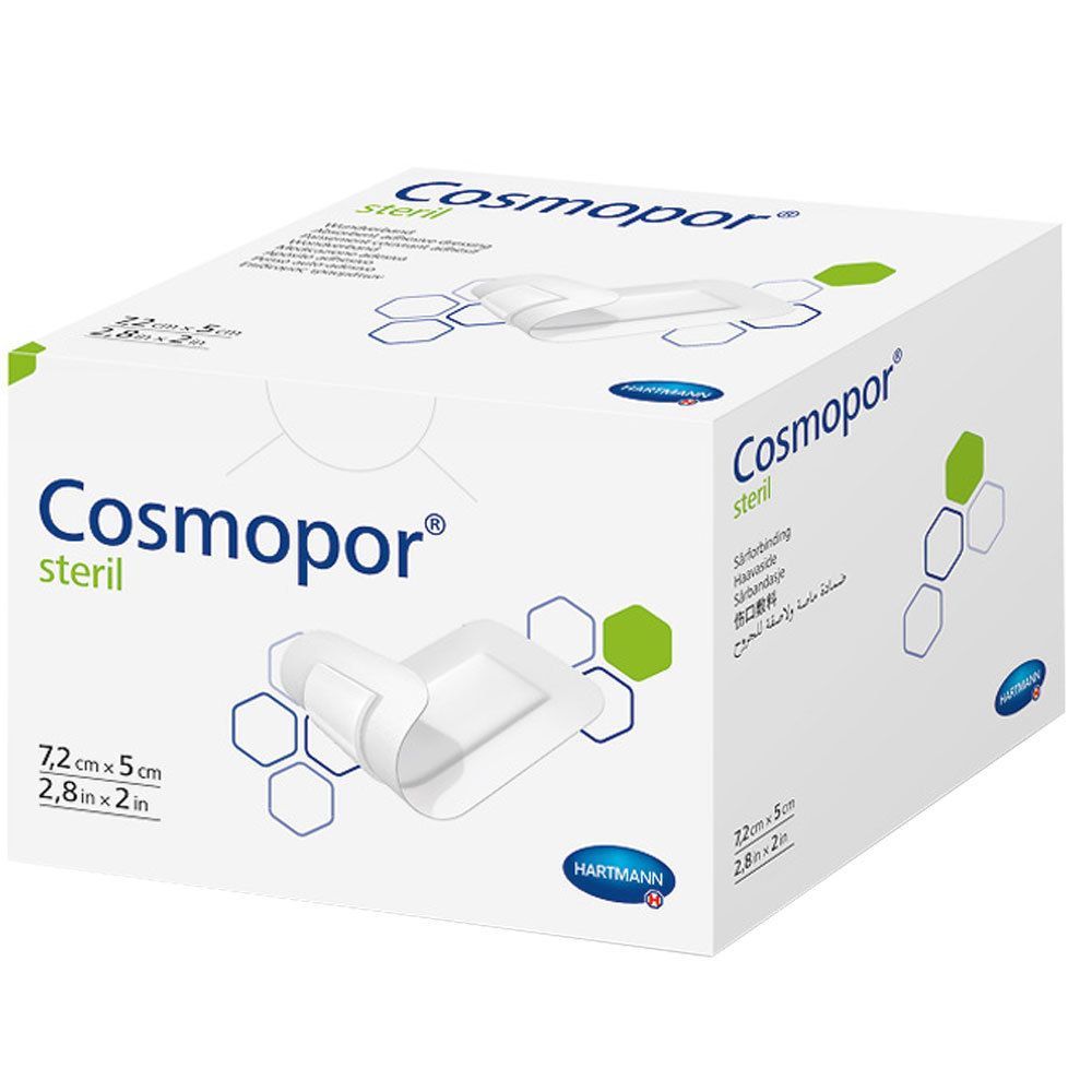 Verpackung von Cosmopor steril. Größe 7,2 x 5 cm. Enthält Wundverband. Marke Hartmann.