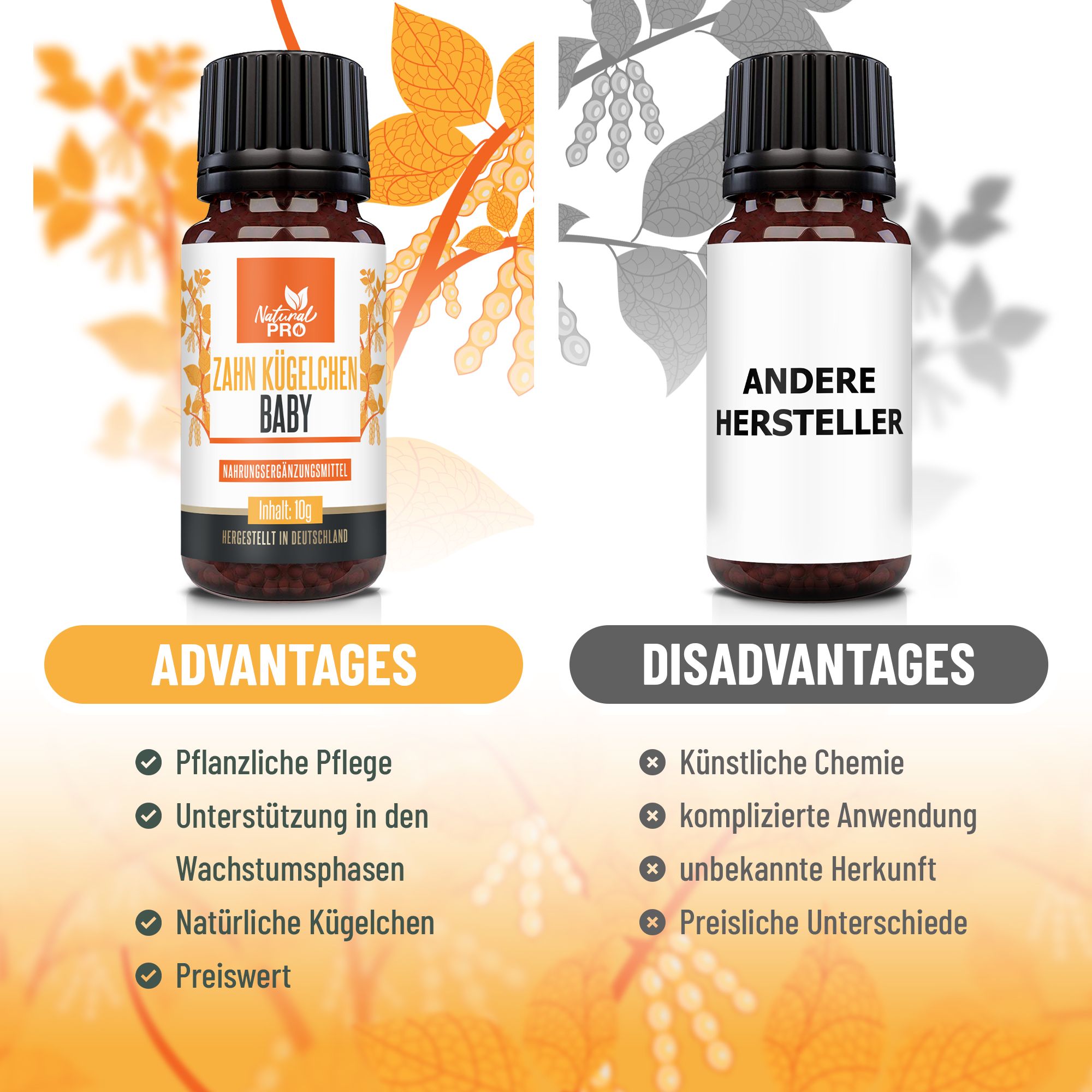 Vergleich von Natural Pro Zahn Kügelchen Baby mit einem anderen Hersteller. Vorteile und Nachteile werden gegenübergestellt.