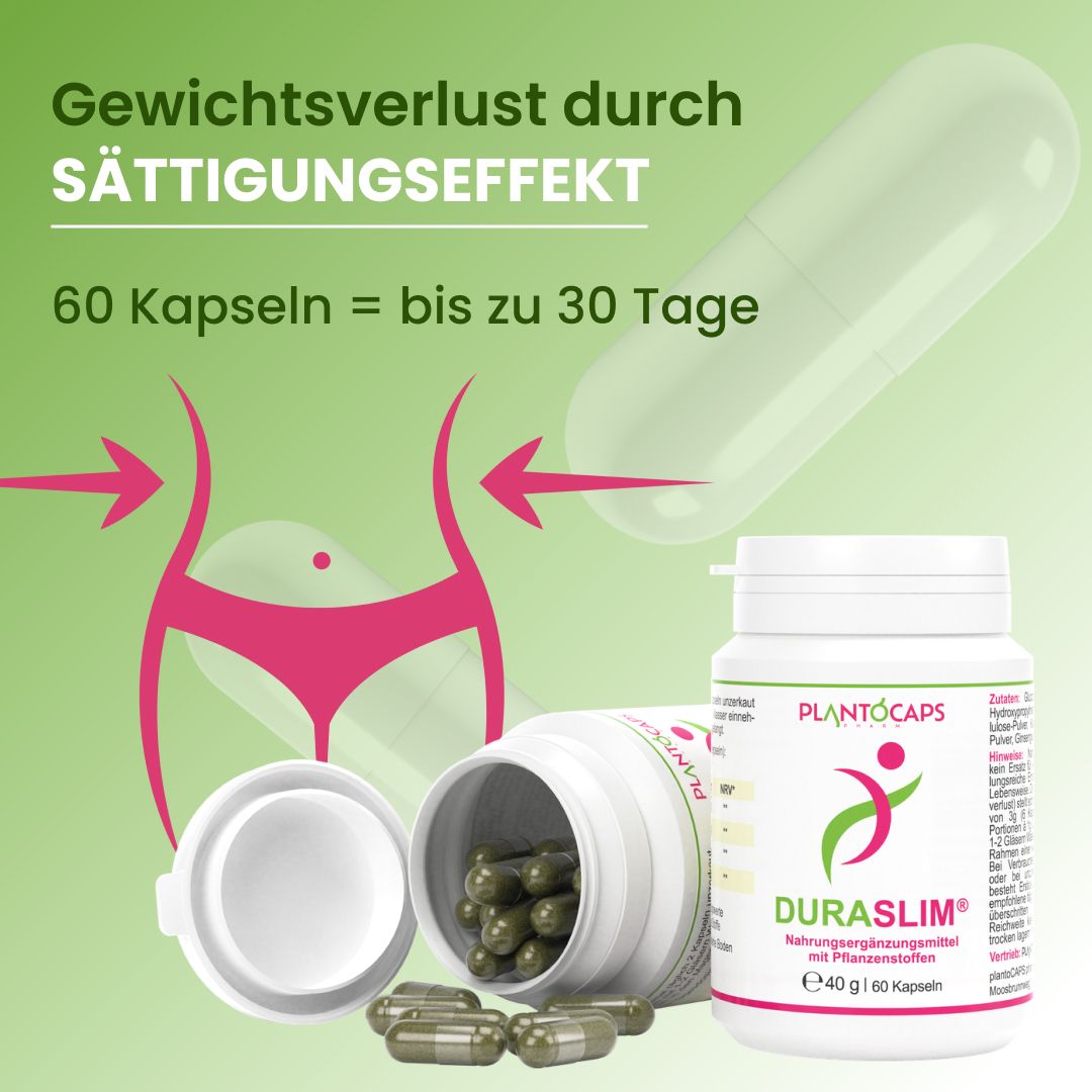 Weiße Flasche mit plantoCAPS DURASLIM Kapseln. Einige Kapseln liegen daneben. Aufschrift: 60 Kapseln. Gewichtsverlust durch Sättigungseffekt.