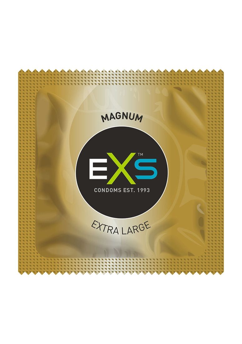 Goudkleurige condoomverpakking met EXS-logo en tekst EXTRA LARGE. Getande randen.