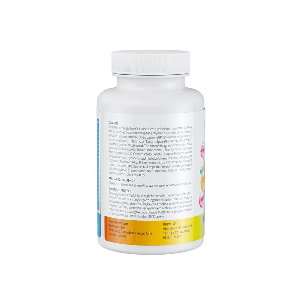 Rückseite der weißen Flasche PURMEO Vitamine + Mineralstoffe. Inhaltsstoffe und Anwendungshinweise.