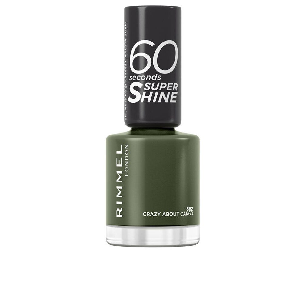 Nagellackflasche, olivgrün. Schwarzer Deckel mit weißem Schriftzug: 60 seconds SUPER SHINE. Aufschrift: RIMMEL LONDON, Crazy About Cargo.