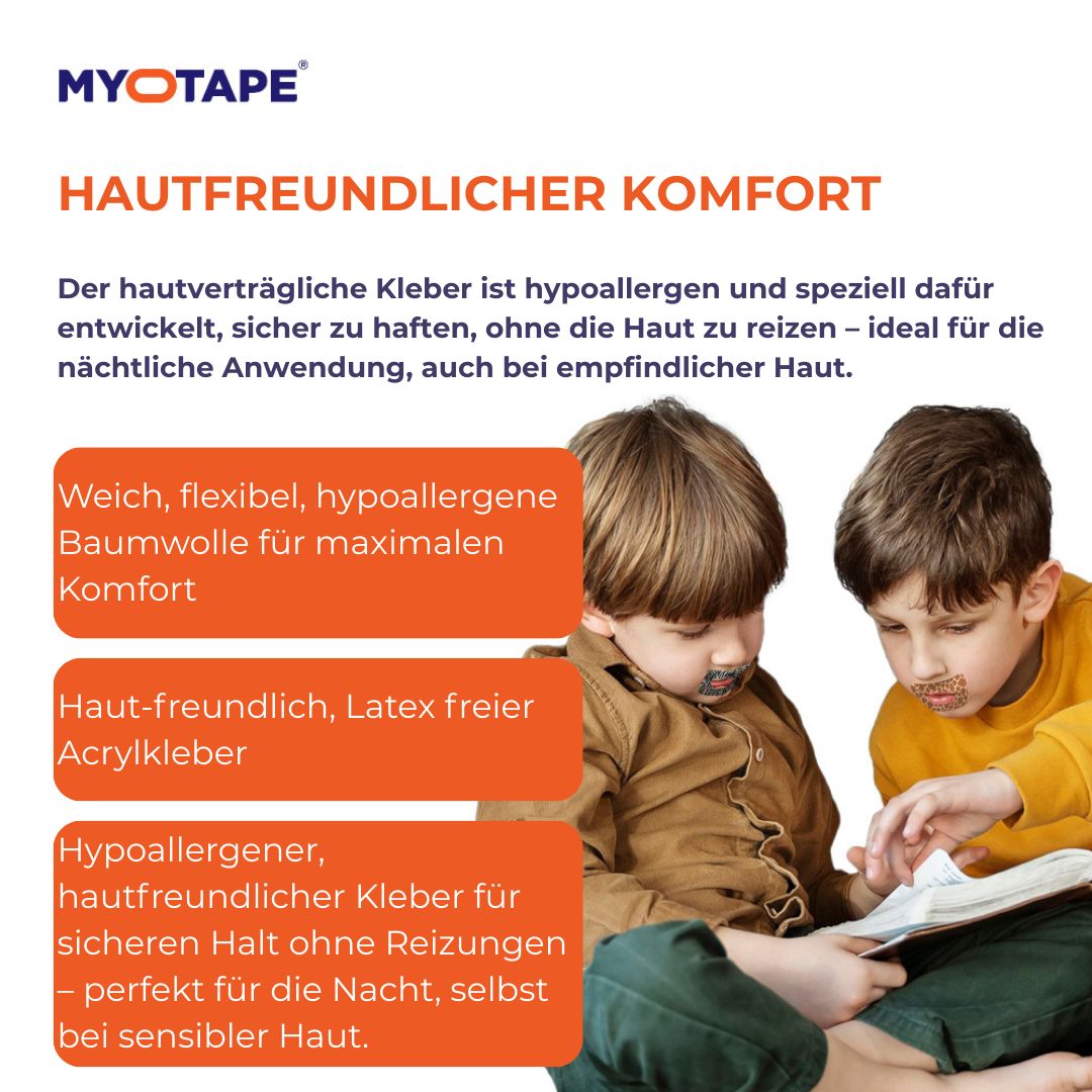 Zwei Kinder mit Myotape. Text: Hautfreundlicher Komfort. Weich, flexibel, hypoallergen. Latexfreier Acrylkleber.