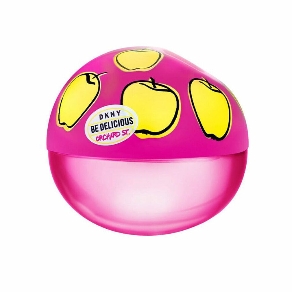 Runder Flakon mit rosa Glas und pinkfarbenem Deckel mit gelben Apfel-Illustrationen. Auf dem Deckel steht "DKNY BE DELICIOUS ORCHARD ST.".