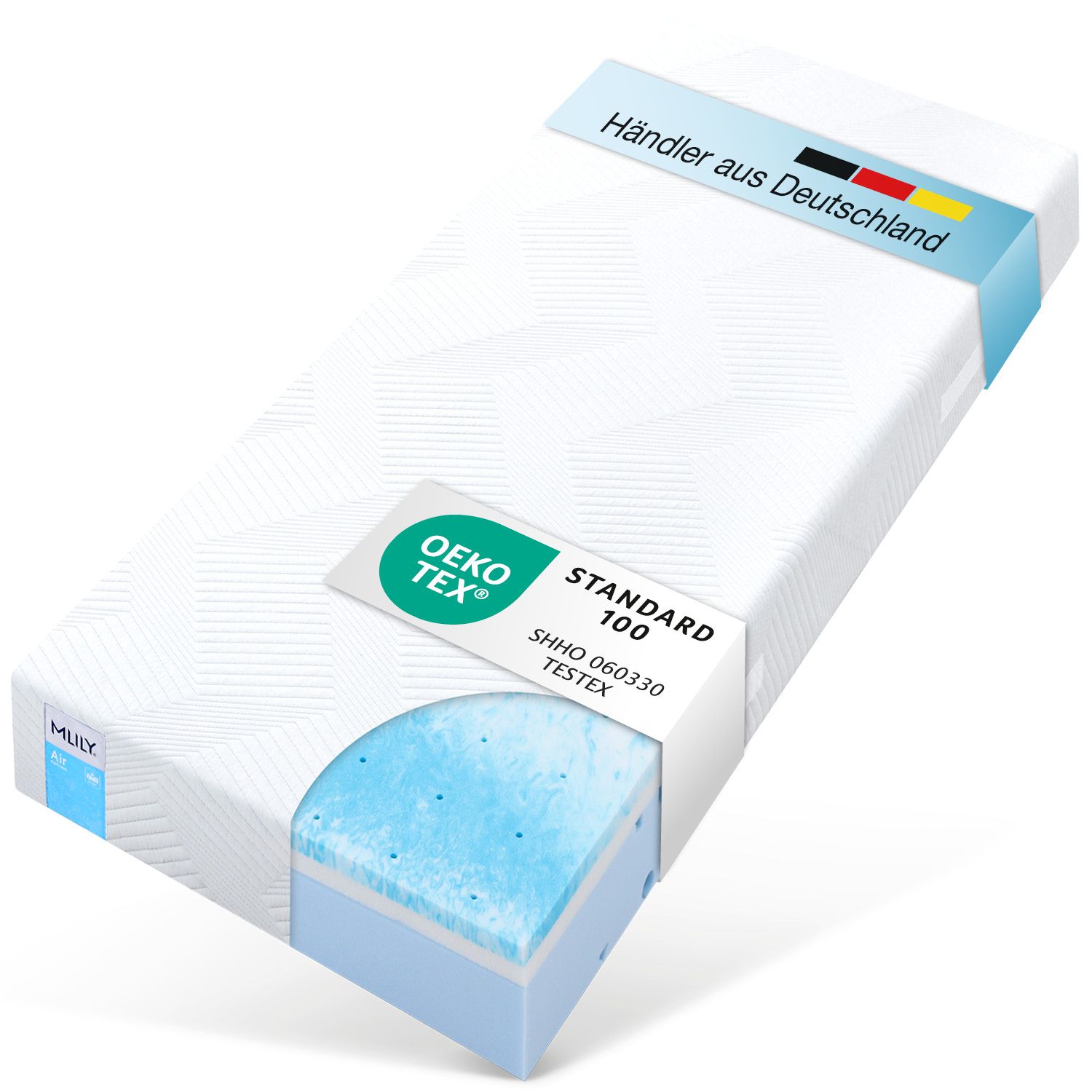 Matratze in Verpackung. Text: OEKO-TEX Standard 100. Label: MILY, Händler aus Deutschland.