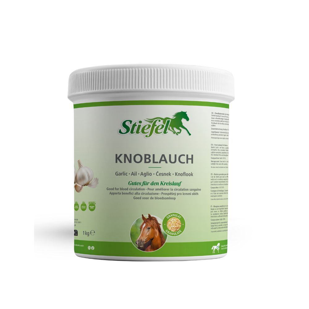 Weißer Behälter Stiefel Knoblauch. Aufschrift: Garlic, Aglio, Cesnek, Knoflook. Für die Blutzirkulation. 1kg. Grünes Logo mit Pferd.