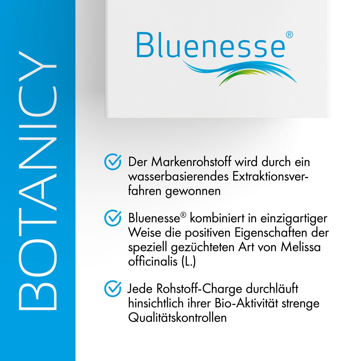 Logo und Text über Blueness, ein Markenrohstoff, gewonnen durch ein wasserbasiertes Extraktionsverfahren.
