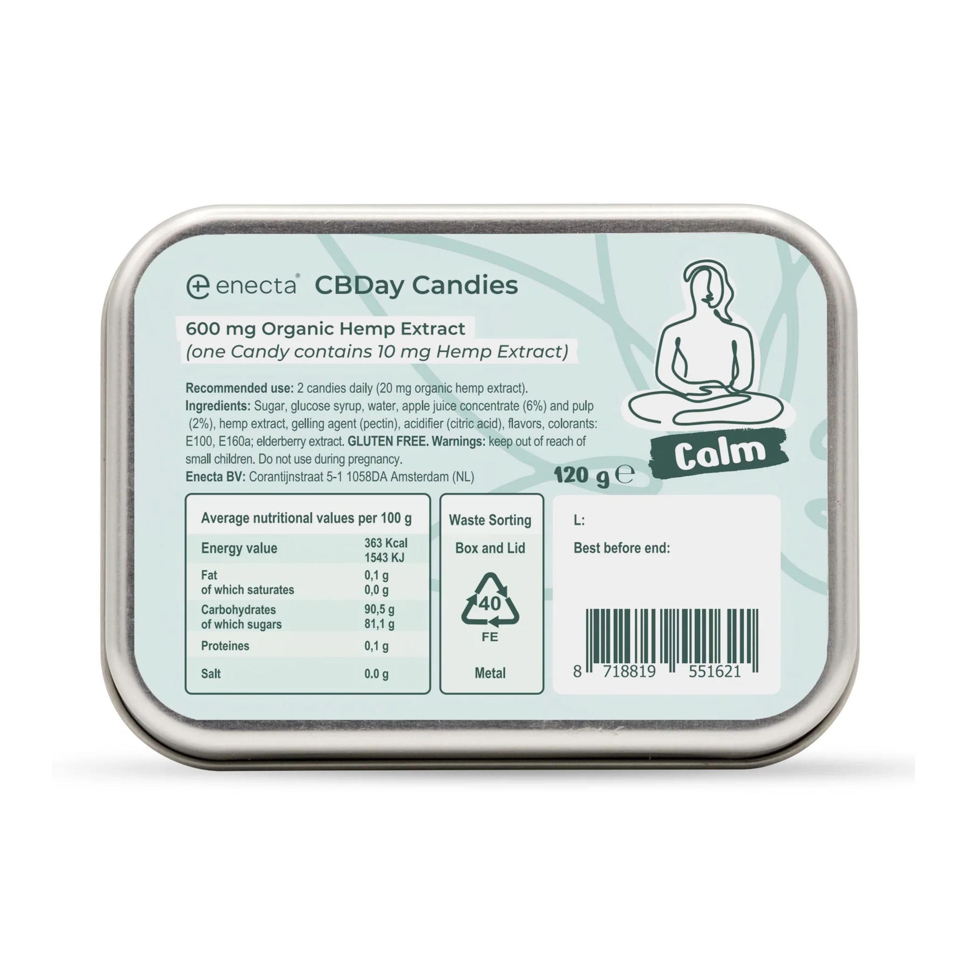 Rückseite einer Metallbox mit CBDday Candies. Enthält 120g, 600mg Bio-Hanfextrakt. Nährwertangaben, Inhaltsstoffe und Verzehrempfehlung sind angegeben.
