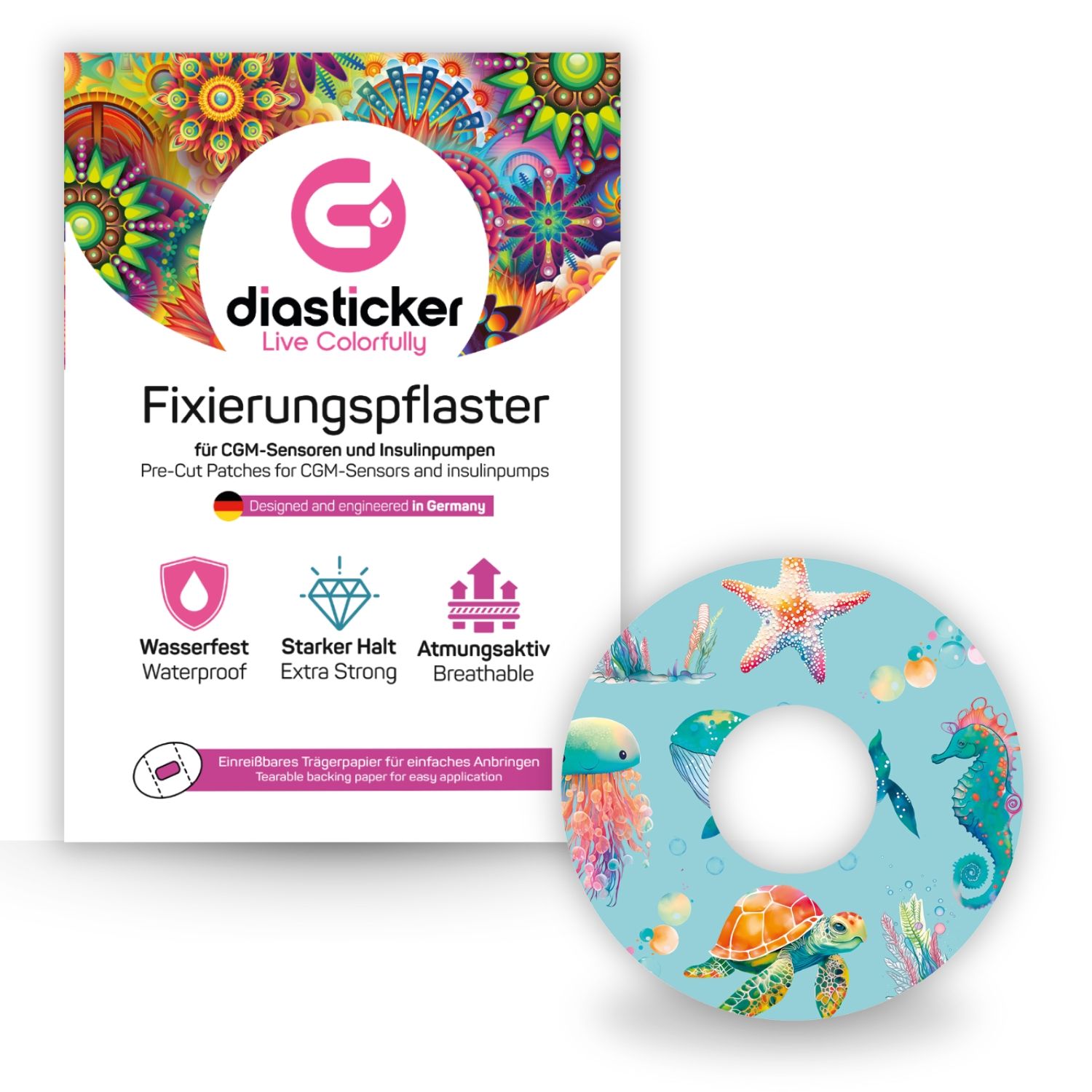 Verpackung und rundes Pflaster mit Meeresmotiven. Auf der Verpackung: Logo, Produktname, Eigenschaften. Pflaster: Seestern, Qualle, Wal, Seepferdchen.
