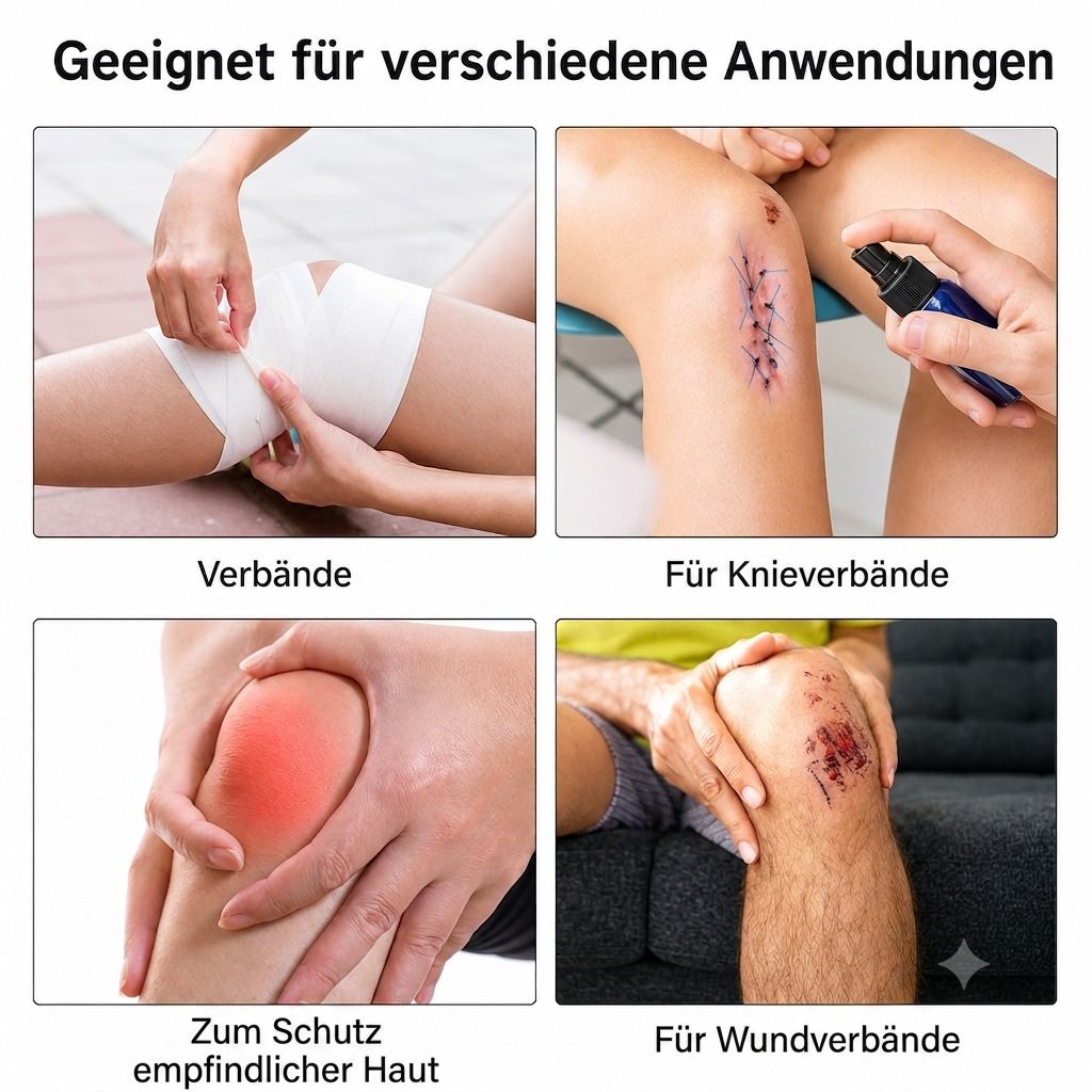 Eine Person wickelt einen weißen Verband um ihr Knie.
