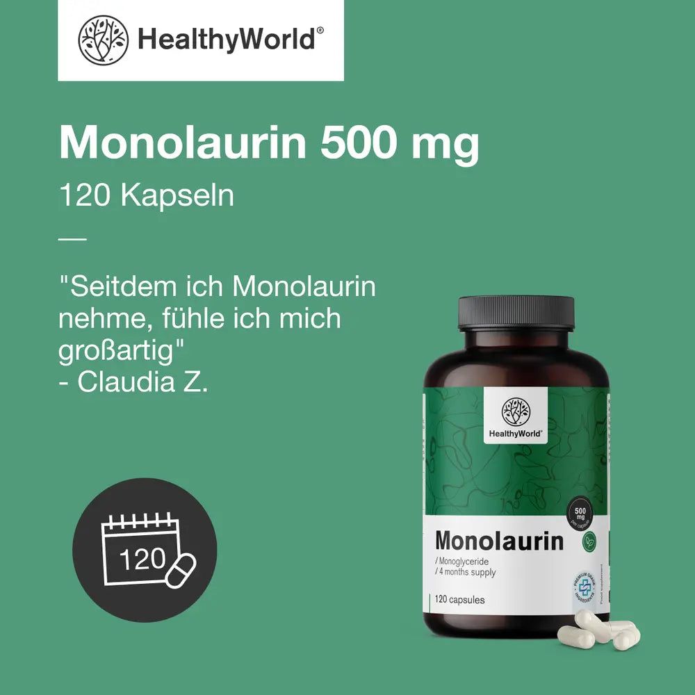 Flasche Monolaurin 500 mg, 120 Kapseln. Dunkle Flasche mit grünem Etikett.
