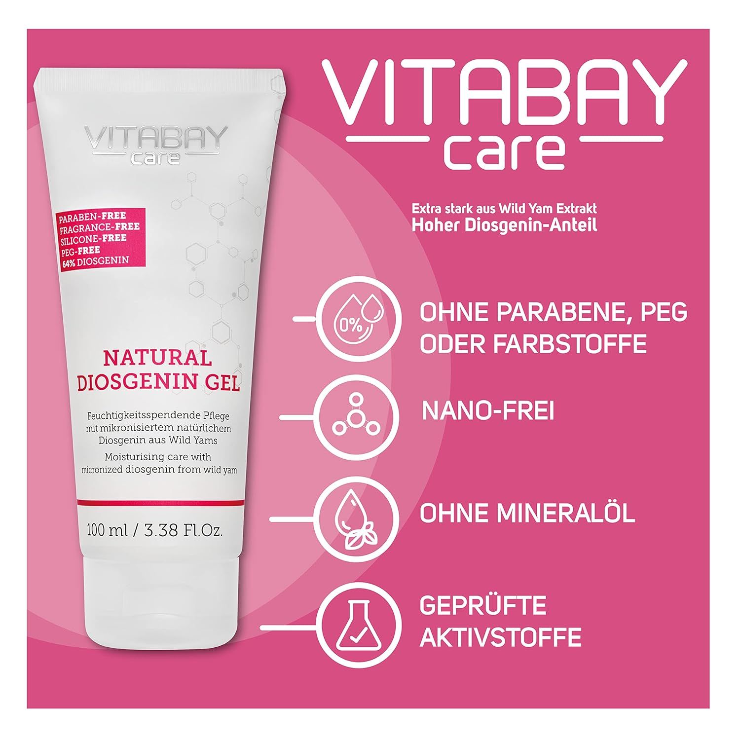 Weiße Tube mit Produktaufdruck. Text: Vitabay Care Natural Diosgenin Gel. Pinker Hintergrund mit Text: Ohne Parabene, PEG oder Farbstoffe.