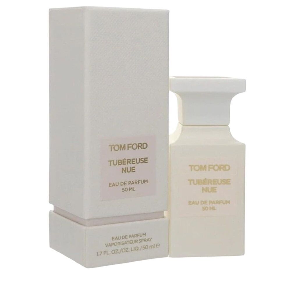 Weiße Flasche und Verpackung. Aufschrift: TOM FORD TUBÉREUSE NUE Eau de Parfum 50 ml. Flakon neben geöffneter Schachtel.