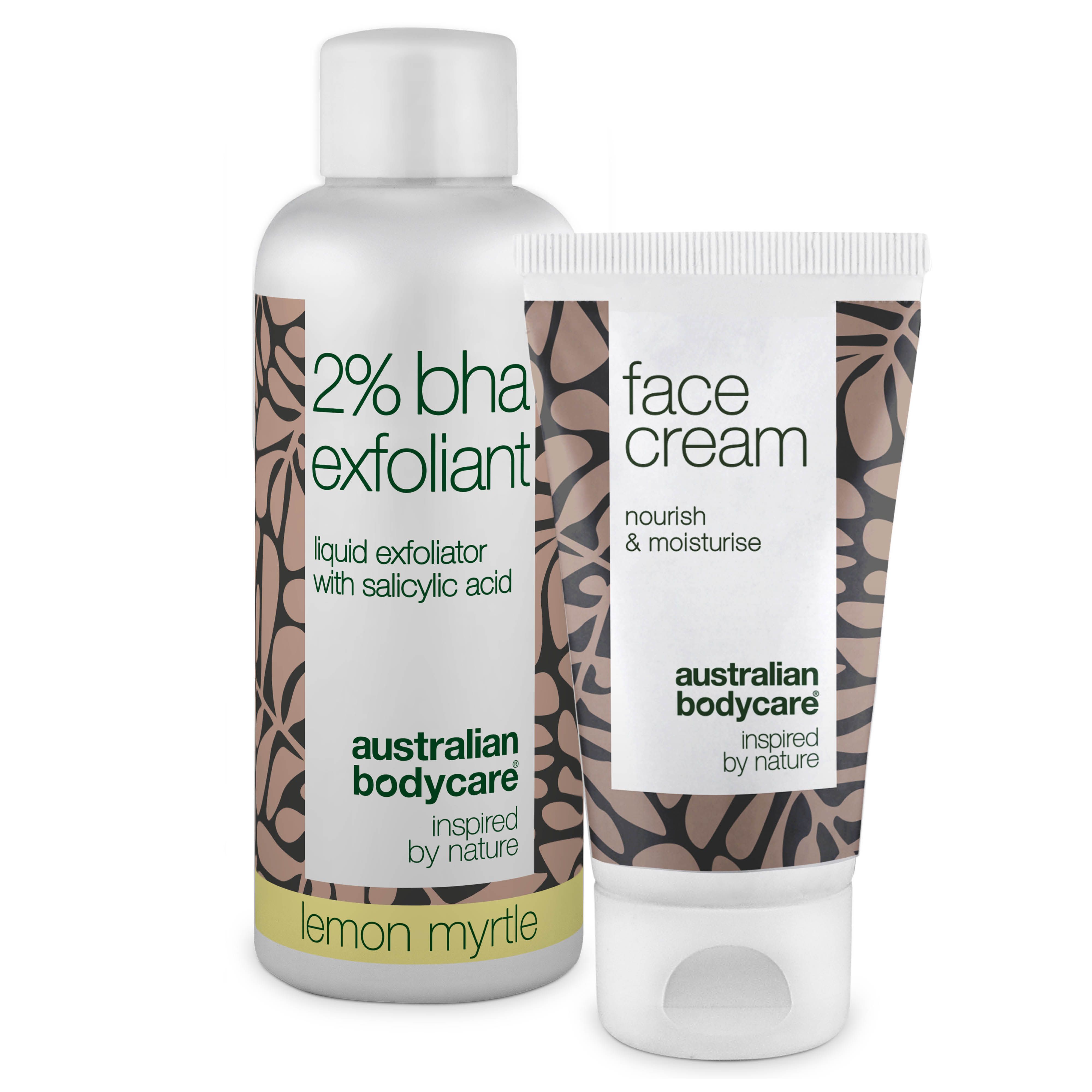 Zwei Flaschen und Tuben. Aufschrift: 2% BHA Exfoliant, Face Cream. Marke: Australian Bodycare.