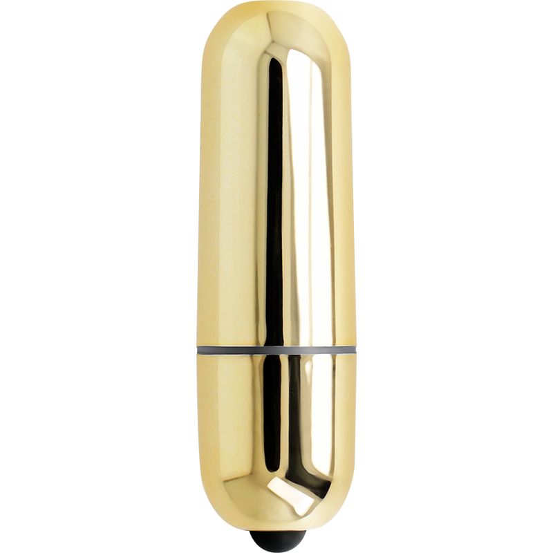 Goldfarbene, zylindrische Mini-Vibrationskugel. Schwarzer Ring in der Mitte, schwarzer Knopf am Ende.