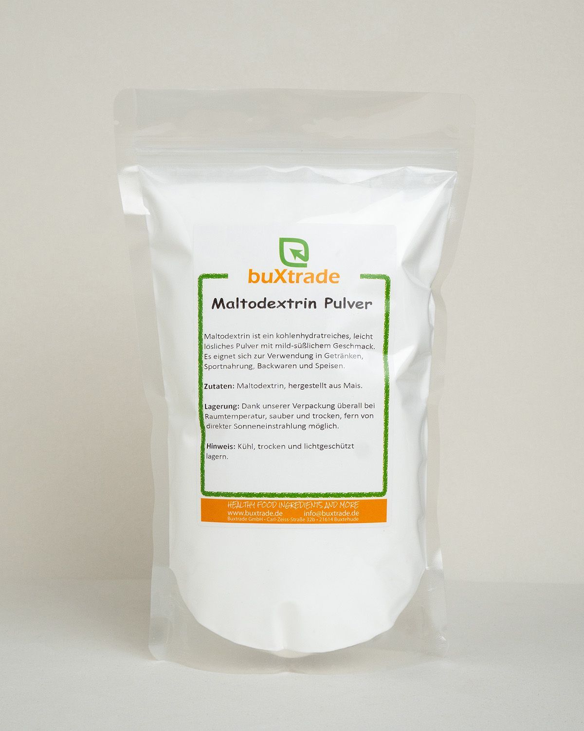 Buxtrade Maltodextrin Pulver in weißem Standbeutel mit Etikett.