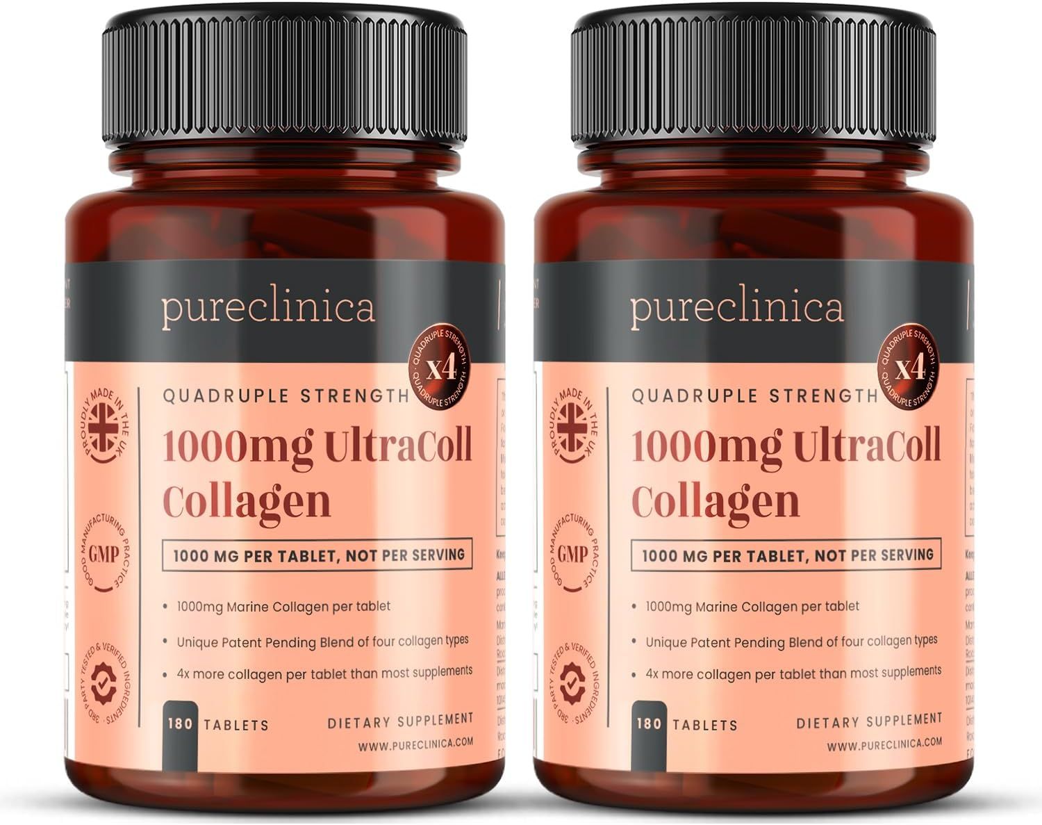Zwei braune Flaschen mit UltraColl Collagen Tabletten. Aufschrift: 1000mg, 180 Tabletten. Quadruple Strength.