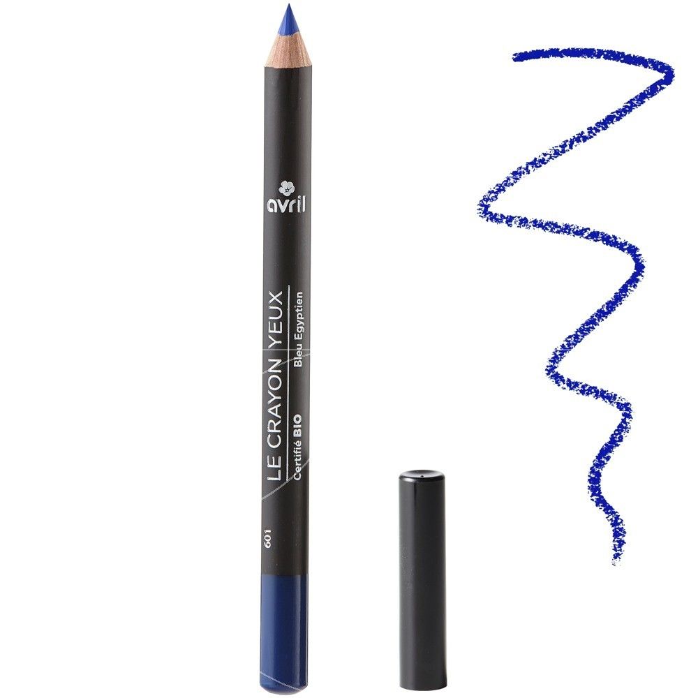 Blauer Augenstift mit schwarzer Kappe und Strich. Aufschrift: Avril, Le Crayon Yeux, Certifié Bio.