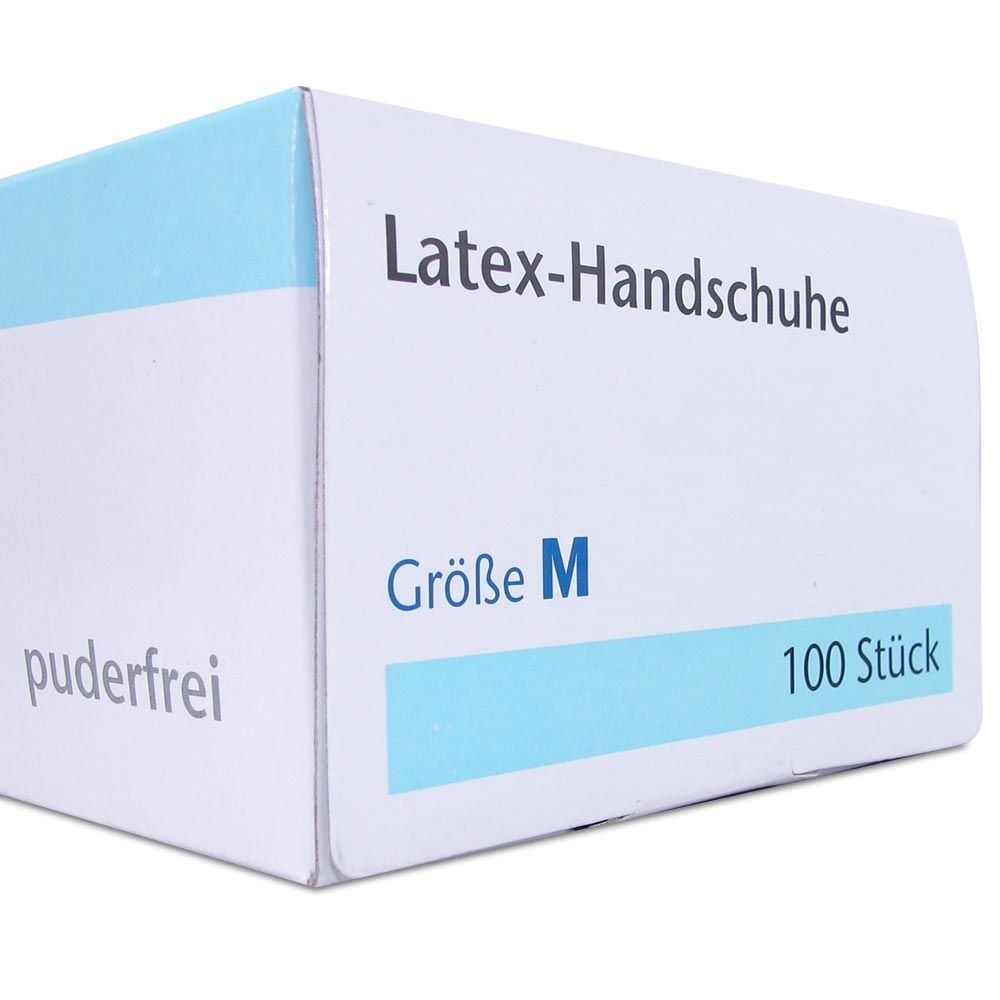 Verpackung mit Latex-Handschuhen. Aufschrift: Latex-Handschuhe, Größe M, 100 Stück, puderfrei.
