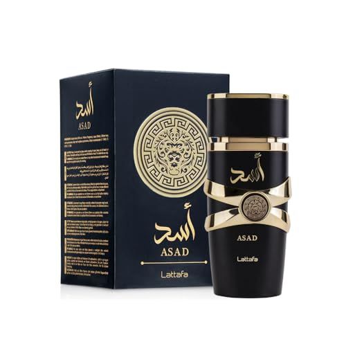 Schwarze Flasche und Box mit goldenen Akzenten. Aufschrift "ASAD" und "Lattafa".