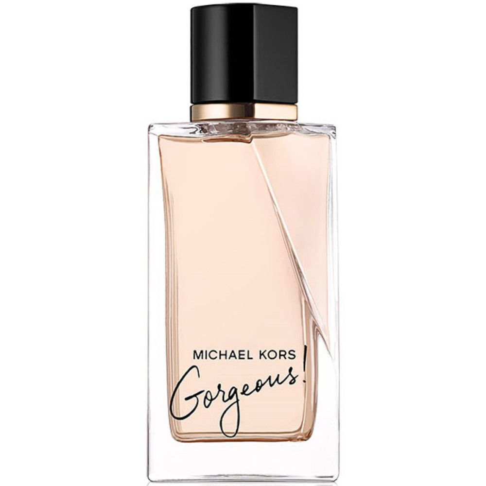 Eau de Parfum Spray. Rechteckige Flasche, schwarzer Deckel, goldfarbener Kragen. Rosa Flüssigkeit.