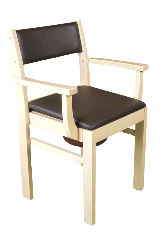 Holz-Toilettenstuhl mit Armlehnen, brauner Sitzfläche und Rückenlehne. Unterhalb des Sitzes befindet sich ein Behälter.