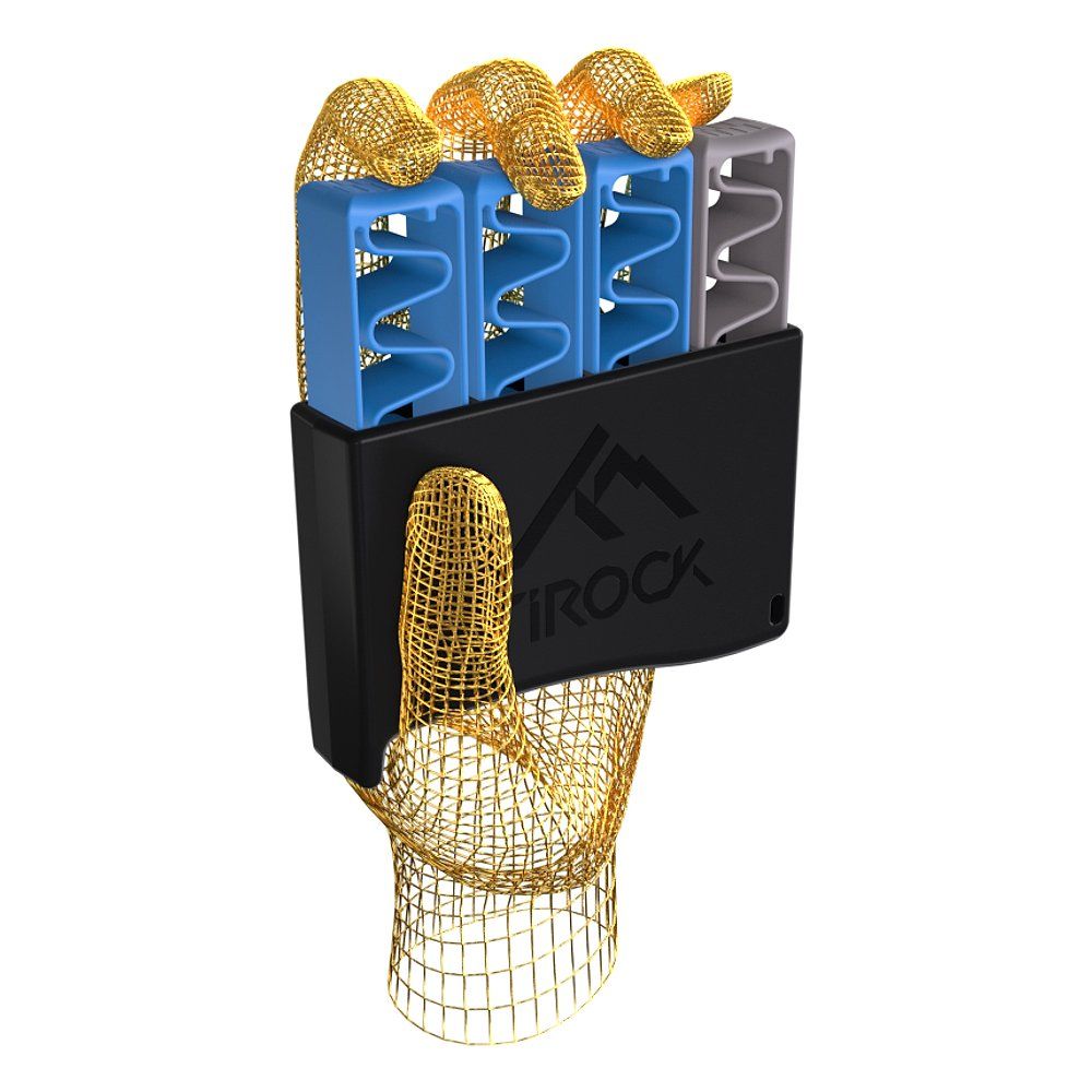 Schwarzes Gerät mit blau und grau gewellten Elementen, gehalten von goldener Draht-Hand. Logo: TiRock.