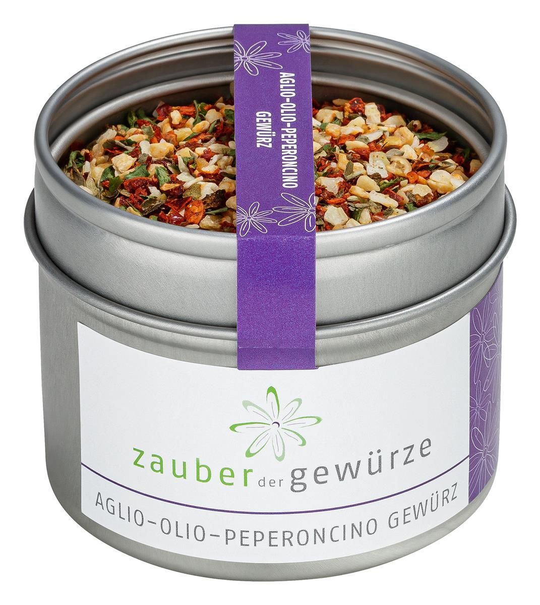 Gewürzdose mit Aglio-Olio-Peperoncino-Gewürz. Dose aus Metall, lila Etikett mit Produktnamen und Logo.