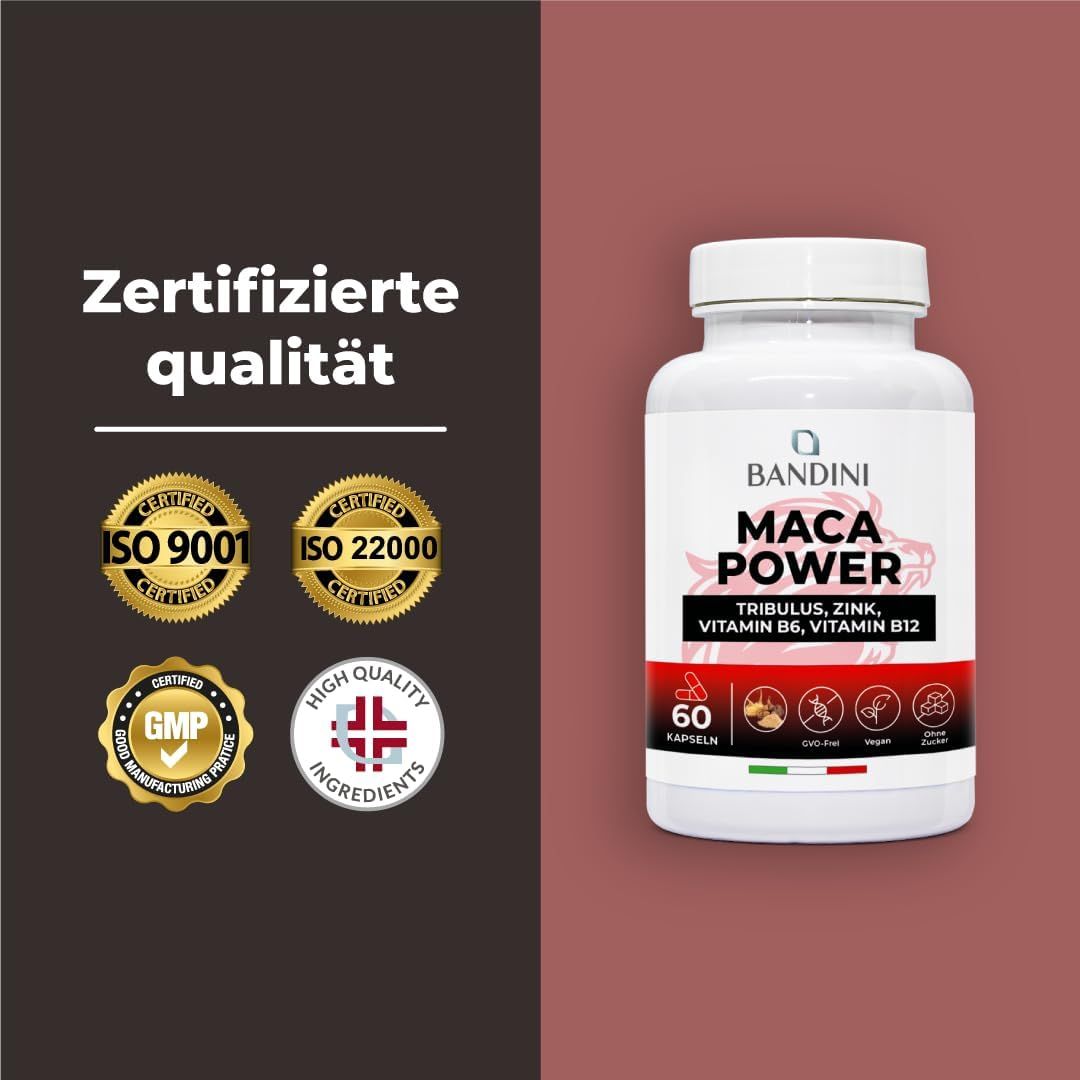 Weiße Flasche mit Bandini Maca Power Kapseln. Aufschrift: Maca Power, Tribulus, Zink, Vitamin B6, Vitamin B12. 60 Kapseln. Mit Zertifizierungen.