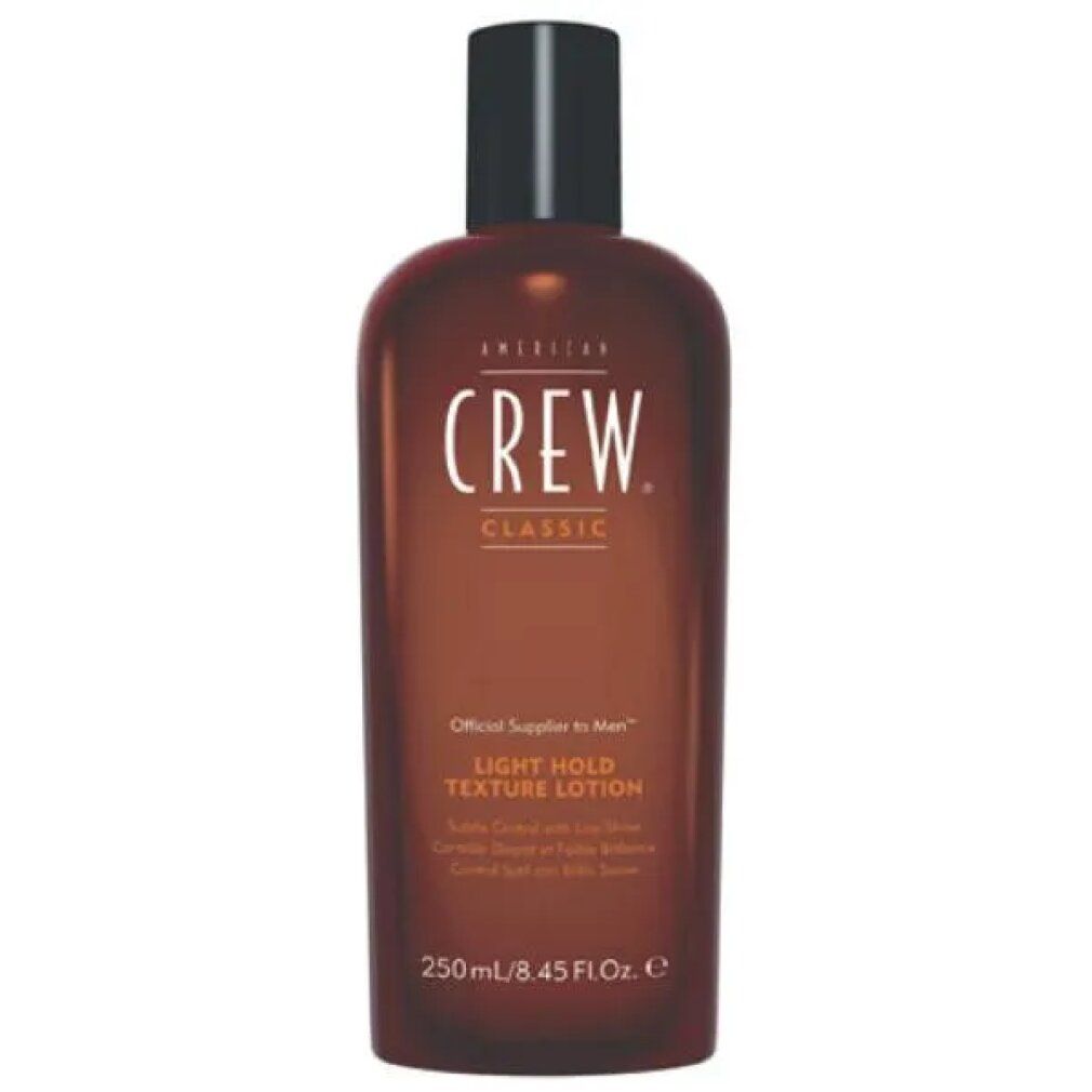 American Crew Classic Light Hold Texture Lotion in brauner Flasche mit schwarzem Deckel.