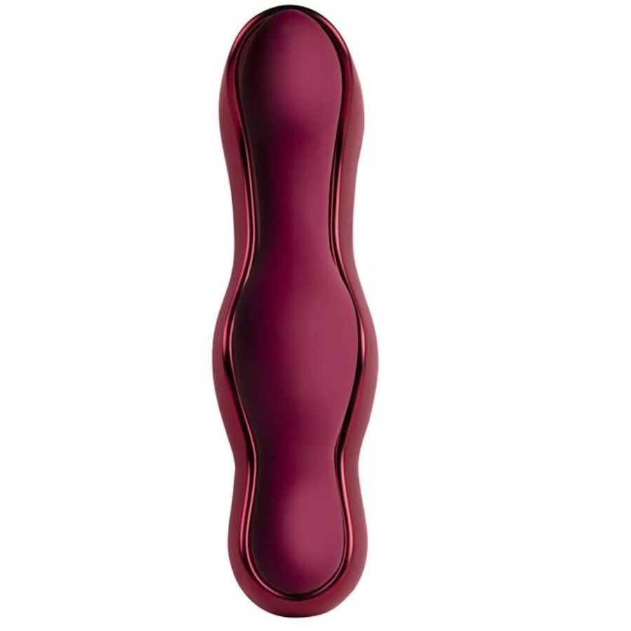Bordeauxfarbenes Wellness-Produkt, länglich, glänzende Oberfläche. Ergonomisches Design, abgerundete Form.