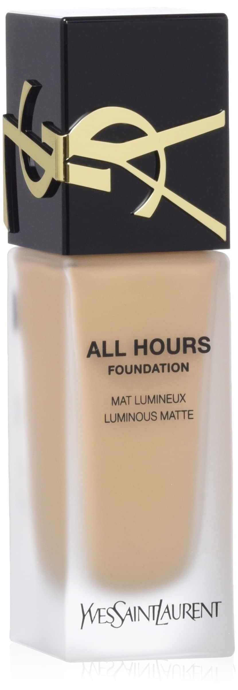Yves Saint Laurent All Hours Foundation. Flakon mit schwarzem Deckel. Aufschrift: ALL HOURS, MAT LUMINEUX, LUMINOUS MATTE.