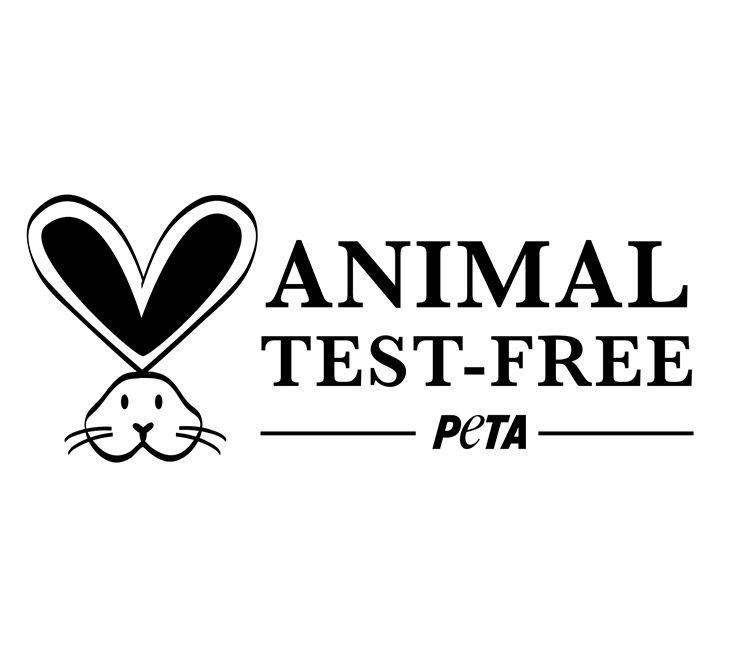Logo: ANIMAL TEST-FREE PETA. Schwarze Schrift und ein Hase mit Herz.