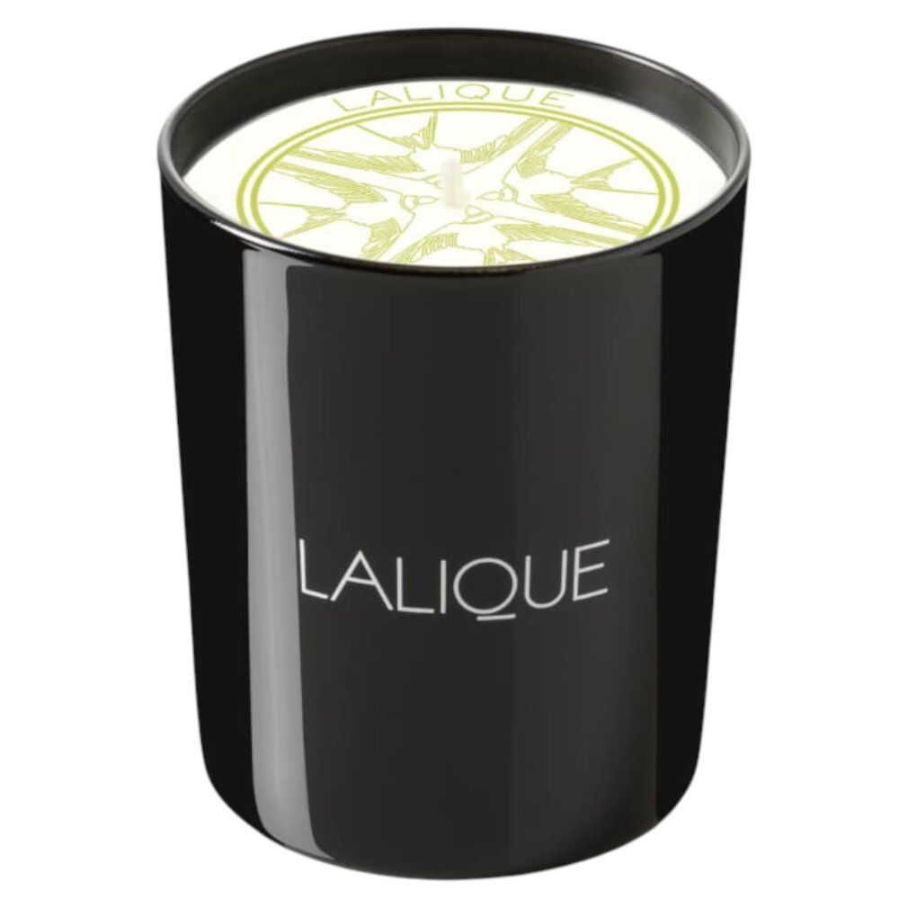 Schwarze Kerze mit weißem Wachs und Logo. Aufschrift: LALIQUE.