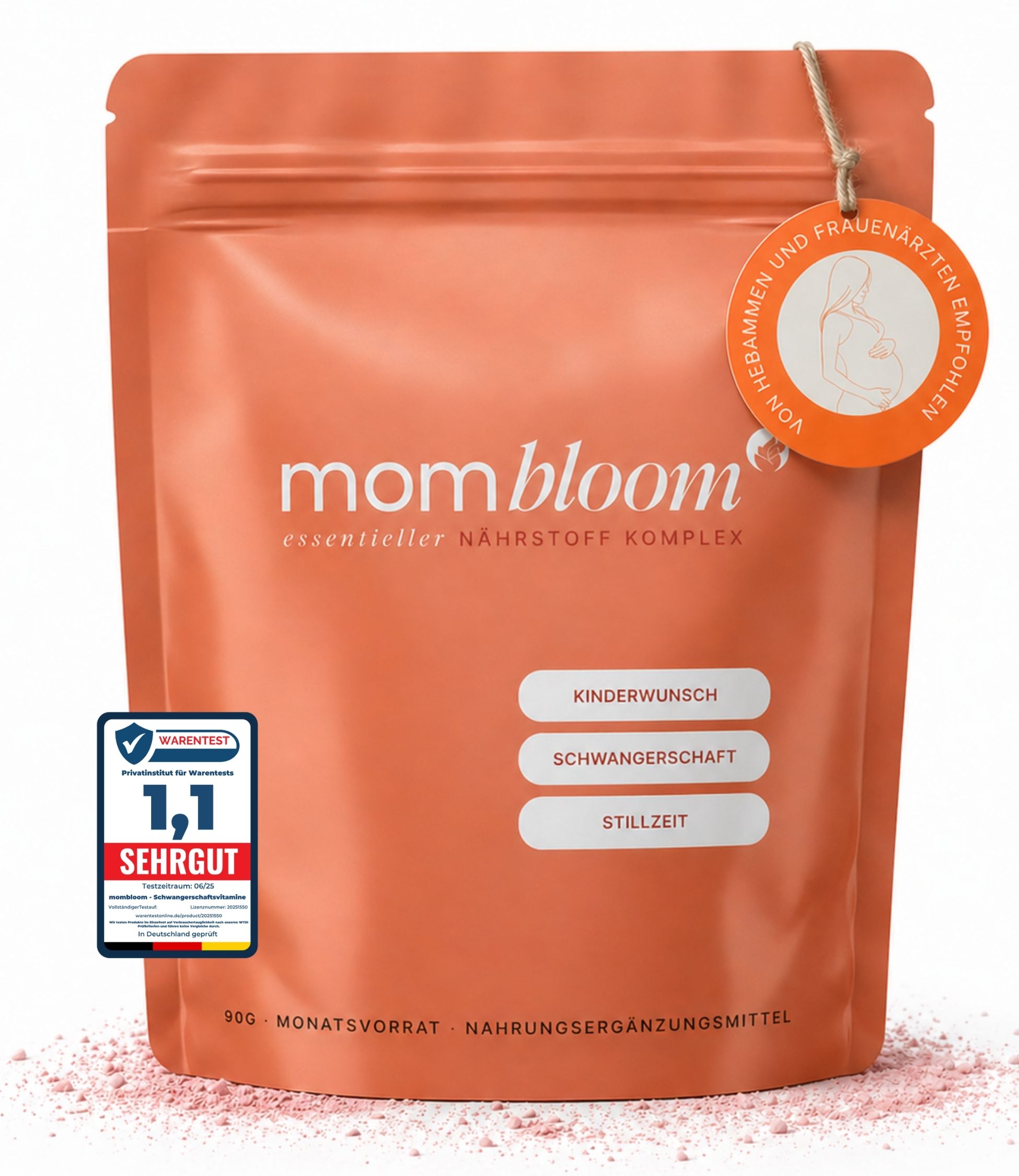 Verpackung von mombloom® Essentials. Rosa Beutel mit Produktinformationen. Für Kinderwunsch, Schwangerschaft, Stillzeit.