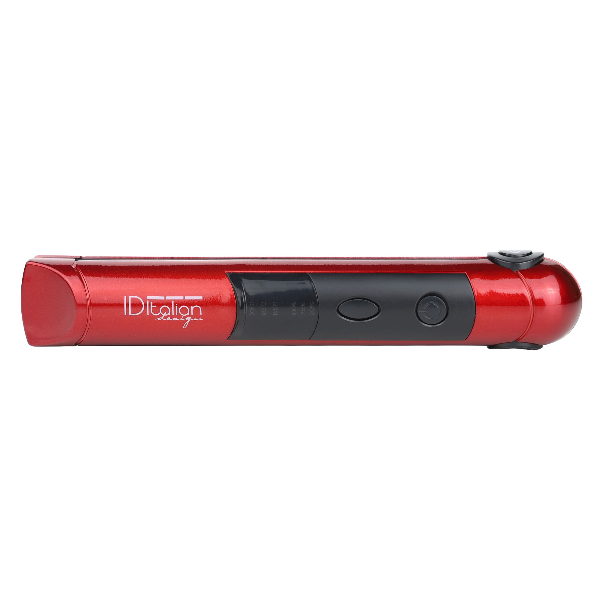 Roter, kabelloser Haarglätter mit USB-Aufladung, Draufsicht.