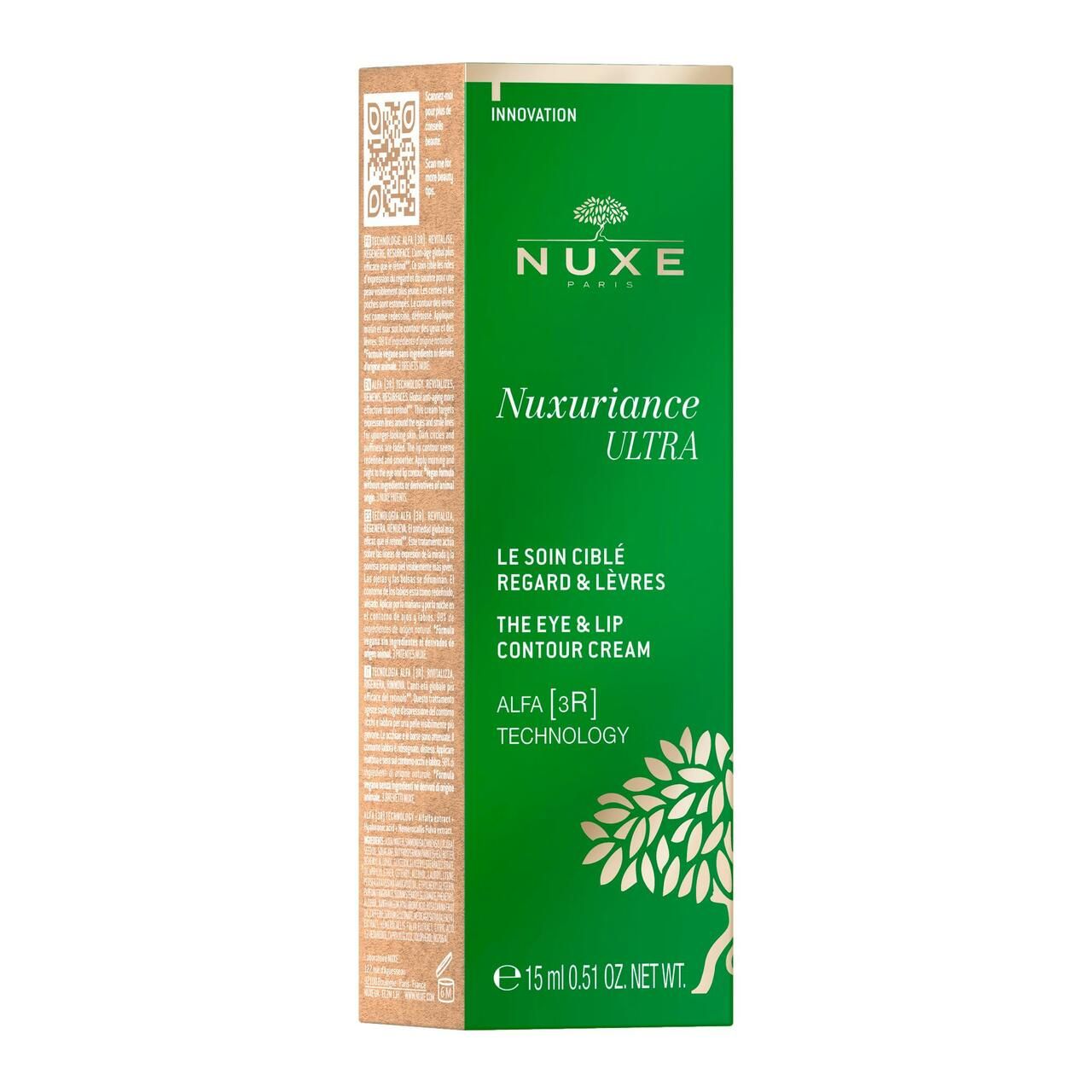 Grüne Schachtel. Text: NUXE, Nuxuriance Ultra, Augen- und Lippenkonturencreme. 15 ml.