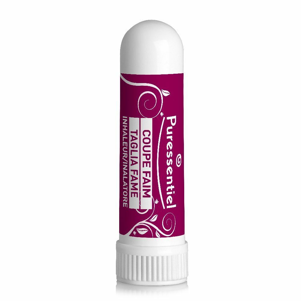 Inalatore bianco e viola. Etichetta con testo: Coupe Faim, Inhalateur/Inalatore, Puressentiel. Elementi floreali decorativi.
