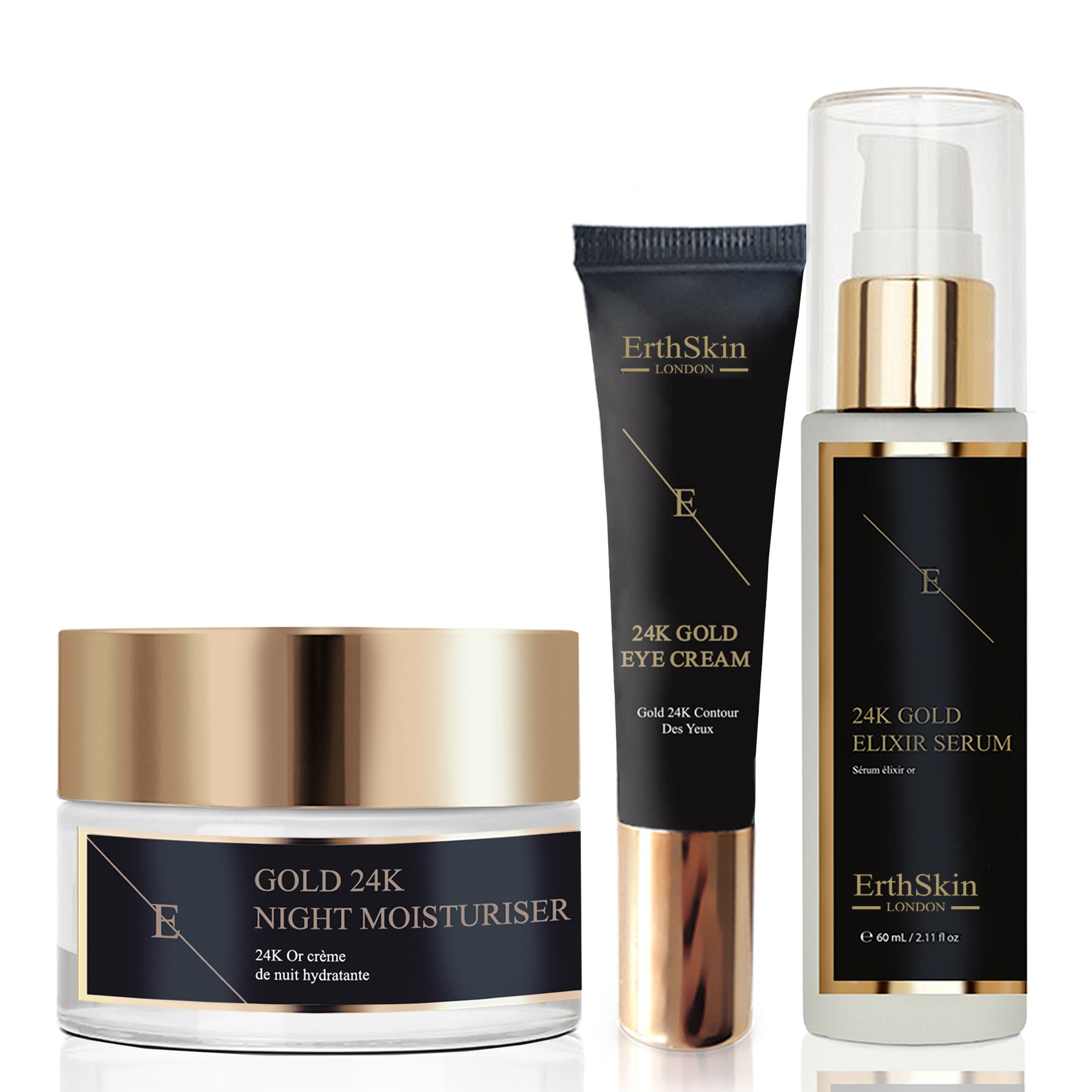 Drei Kosmetikprodukte: Nachtcreme, Augencreme und Serum. Schwarze Verpackungen mit goldenen Akzenten und Schriftzügen. ErthSkin London.