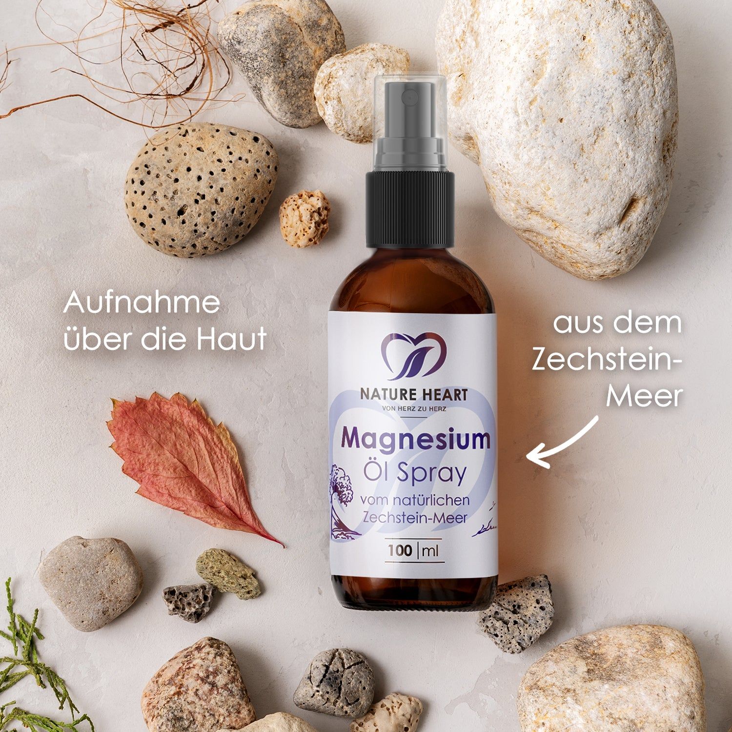 Braune Glasflasche mit Sprühkopf, umgeben von Steinen und Blättern. Etikett mit Logo und Schriftzug Magnesium-Öl Spray. 100 ml.