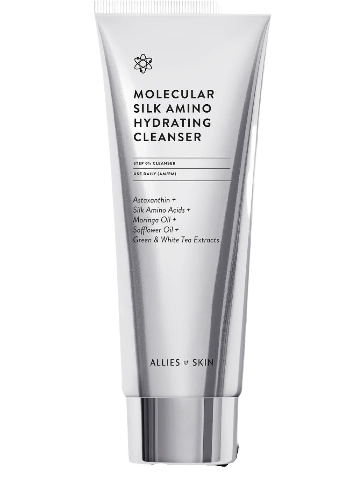 Silberfarbene Tube mit weißem Deckel. Aufschrift: MOLECULAR SILK AMINO HYDRATING CLEANSER. Marke: ALLIES OF SKIN.