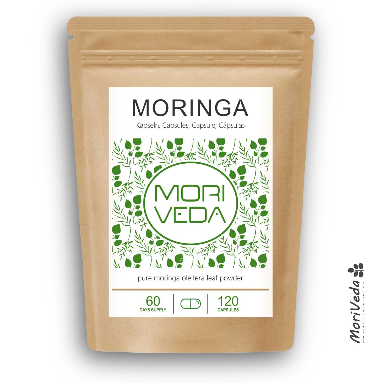MoriVeda Moringa Kapseln – mikropulverisiertes Blattpulver, Rohkostqualität, 120 St