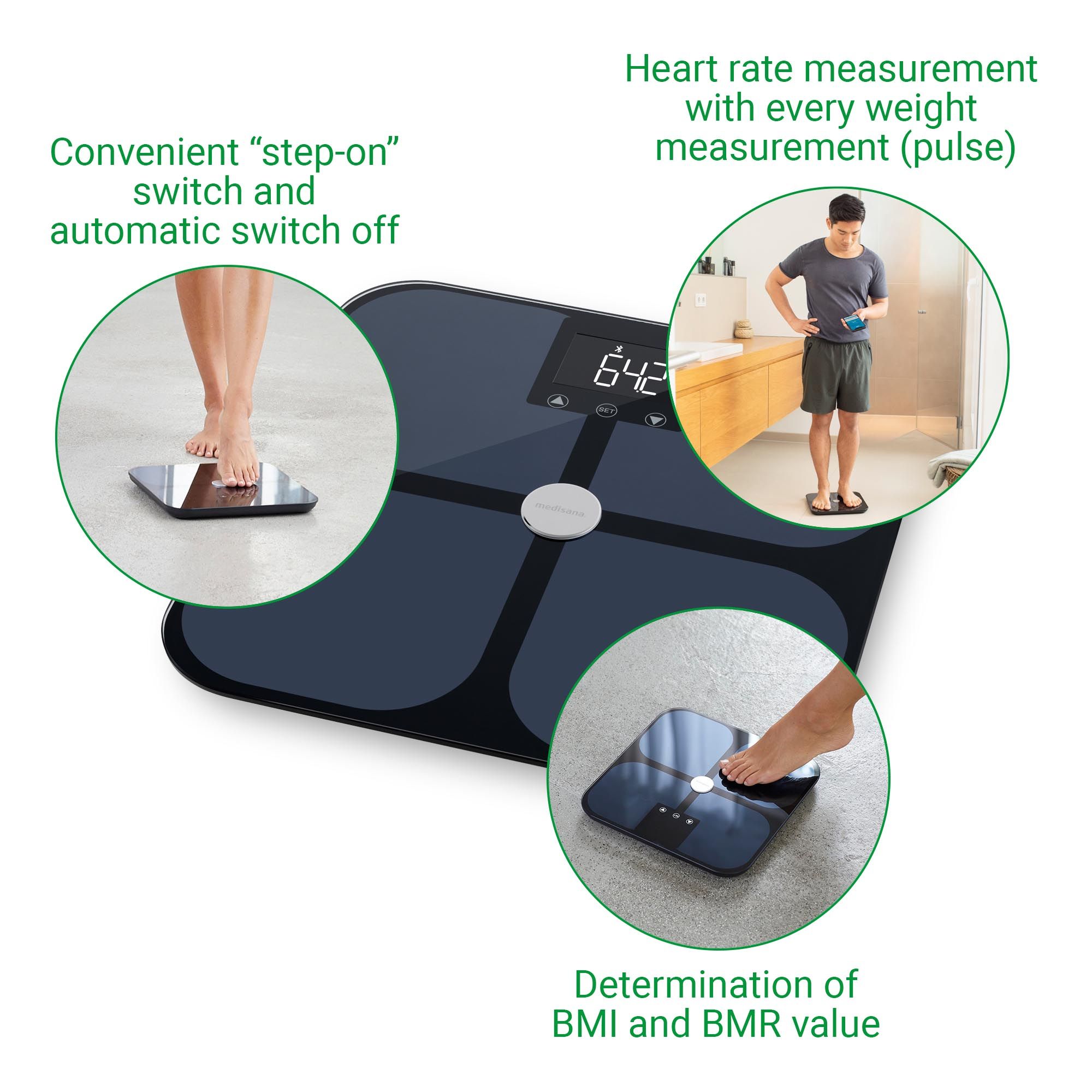 Körperanalysewaage mit Text: 'Convenient step-on switch' und 'Heart rate measurement'.