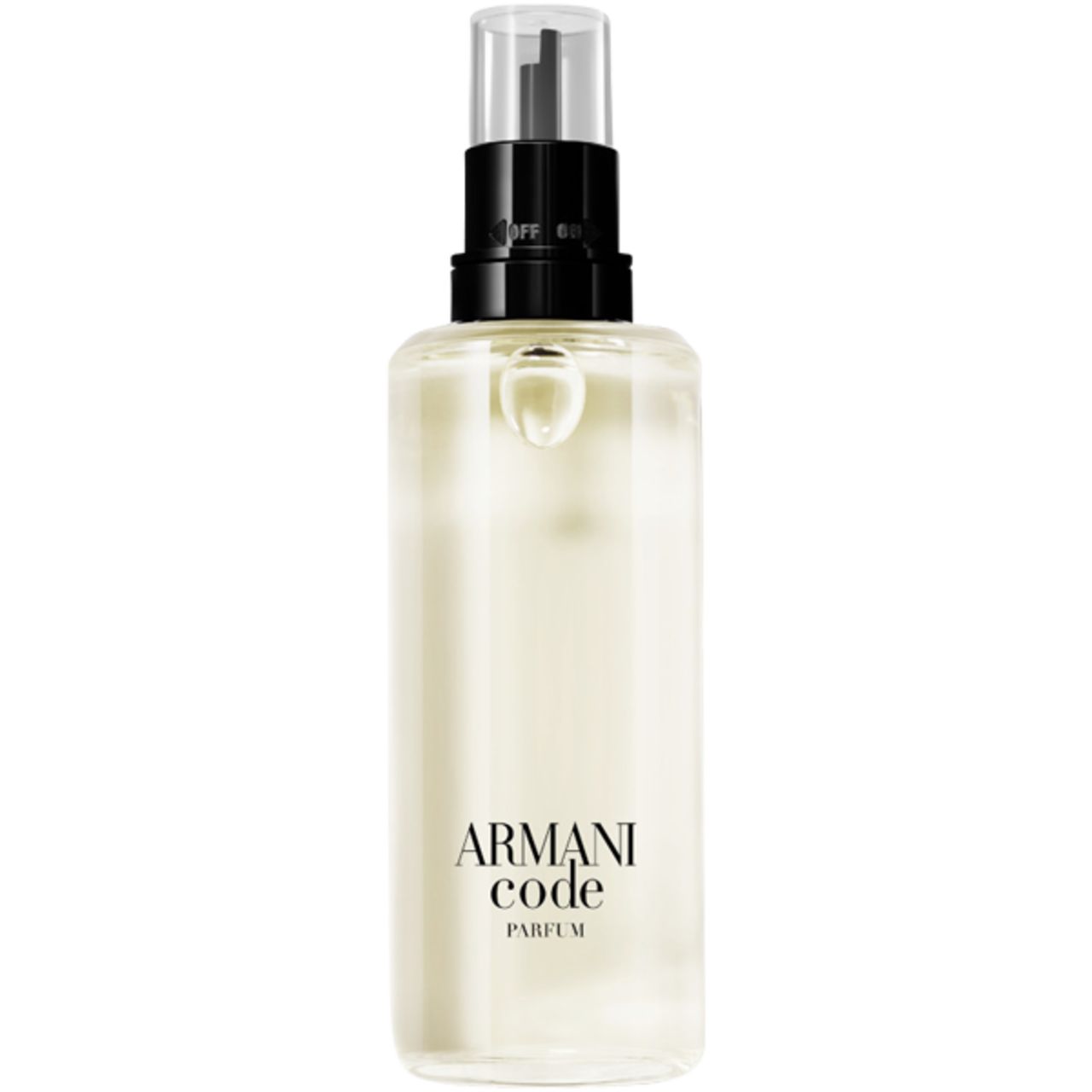 Parfümflakon mit schwarzem Verschluss und transparentem Sprühkopf. Aufschrift: Armani Code Parfum.