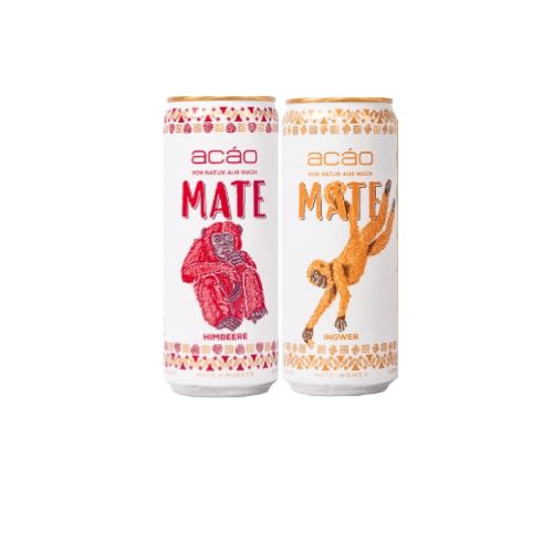 Zwei Getränkedosen mit "Mate"-Aufdruck. Eine Dose mit rotem Affen, die andere mit orangenem Affen. "Himbeere" und "Ingwer".