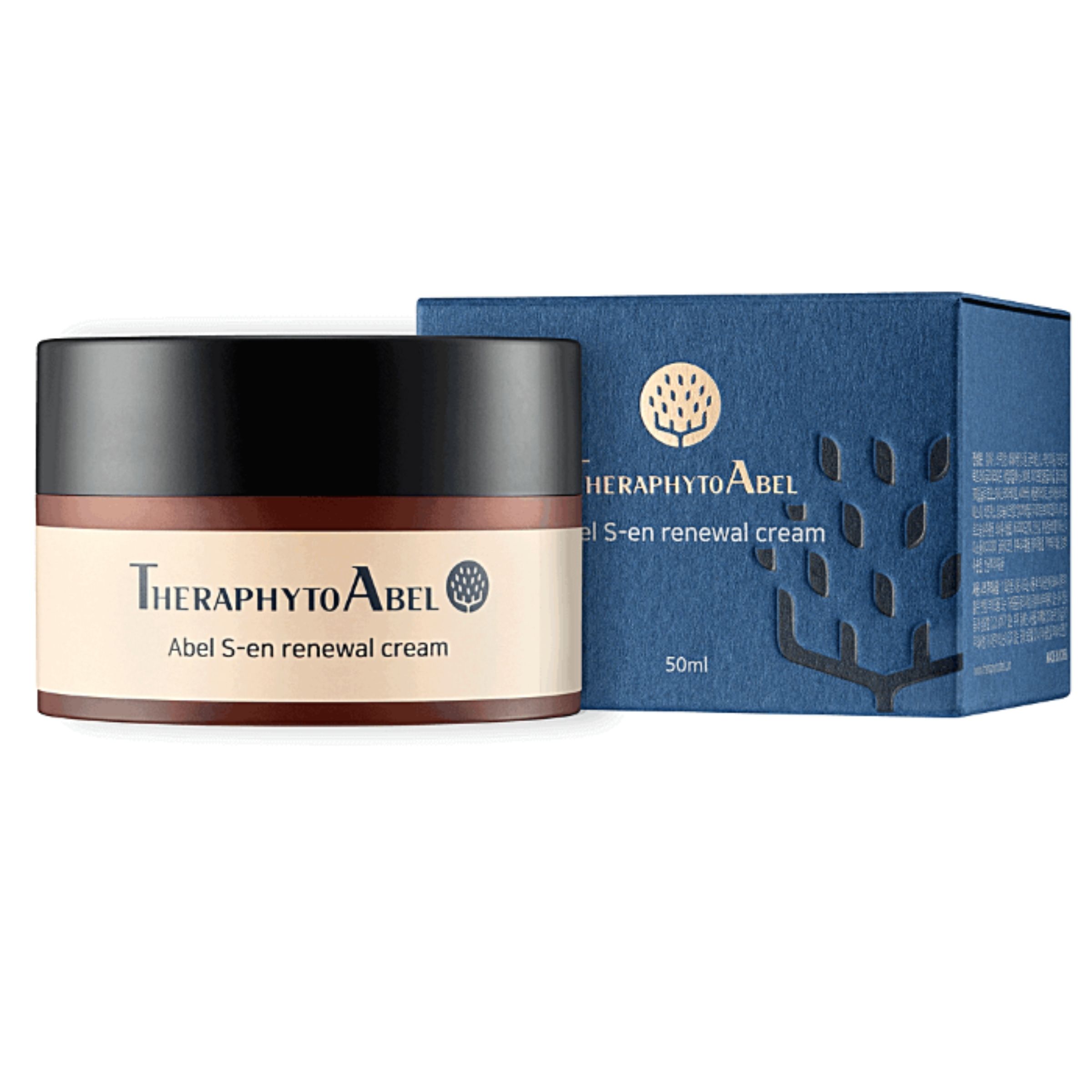 Creme-Tiegel und Schachtel. Tiegel mit schwarzem Deckel, braunem Körper und cremefarbenem Etikett. Blaue Schachtel mit Logo und Text.