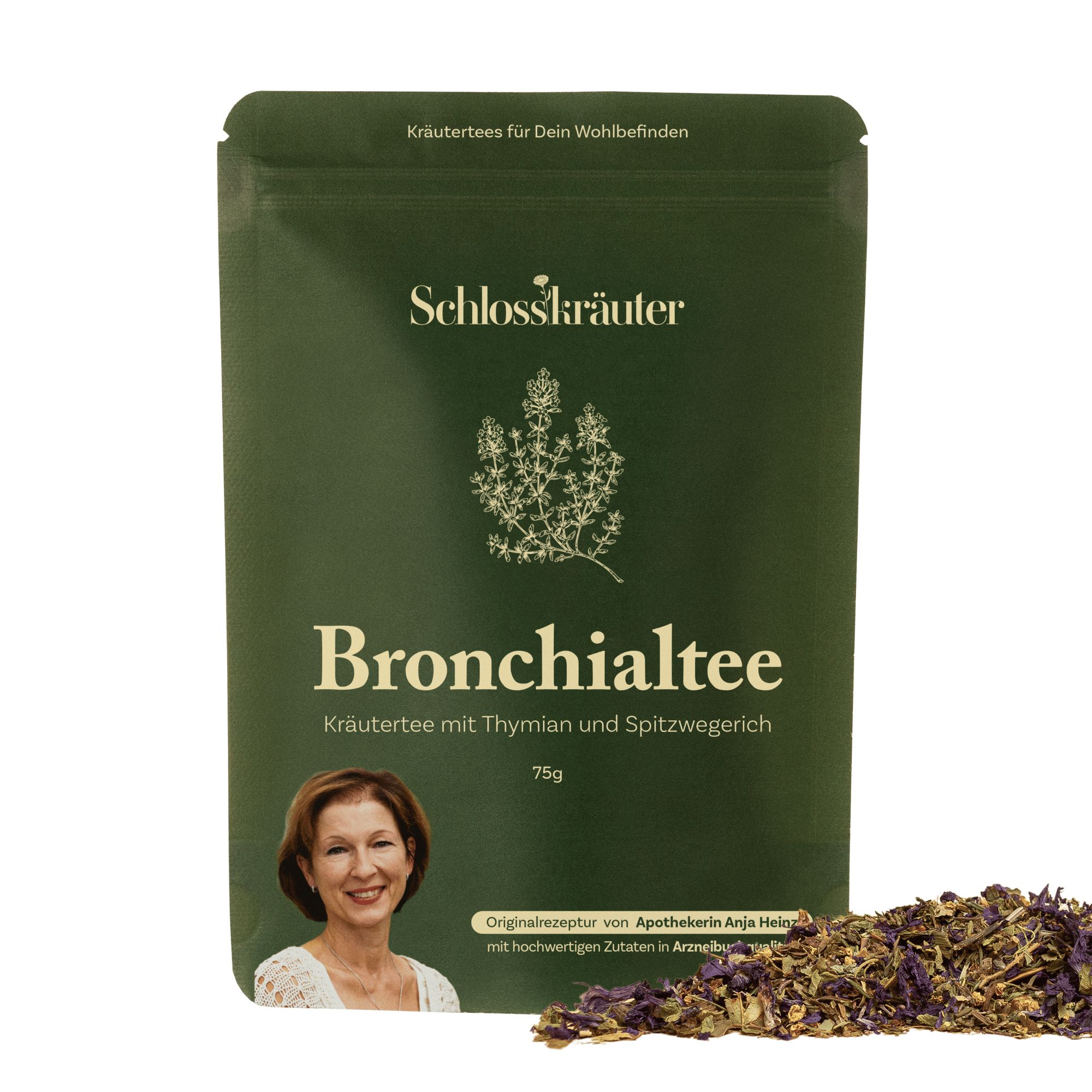 Grüner Beutel mit Schlosskräuter Bronchialtee. Text: Bronchialtee, Kräutermischung, 75g, Apothekerin Anja Heinz.