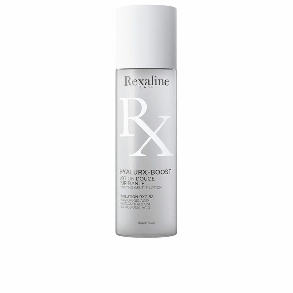 Zylindrische Flasche mit weißem Deckel. Aufschrift: Rexaline, Hyalurx-Boost, Lotion Douce Purifiante. Grauer Hintergrund.