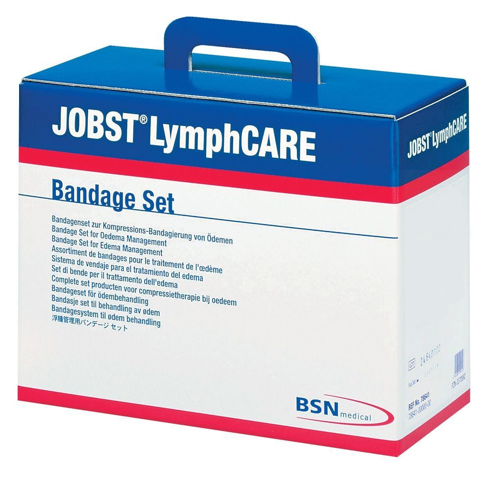 Karton mit Griff, blau-weiß. Aufschrift: JOBST LymphCARE, Bandage Set. BSN medical Logo.